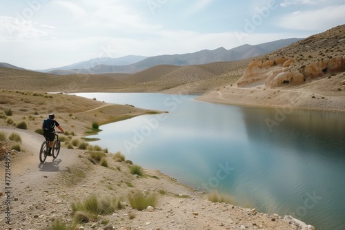 mountain biker paused by serene desert lake