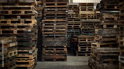 Stacks of industrial wooden pallets.