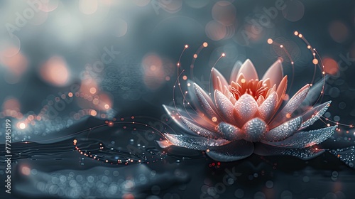 Clean graphic of a lotus flower opening to reveal a digital core, on a digital bloom background, concept for the unfolding of digital innovations in nature focused businesses.