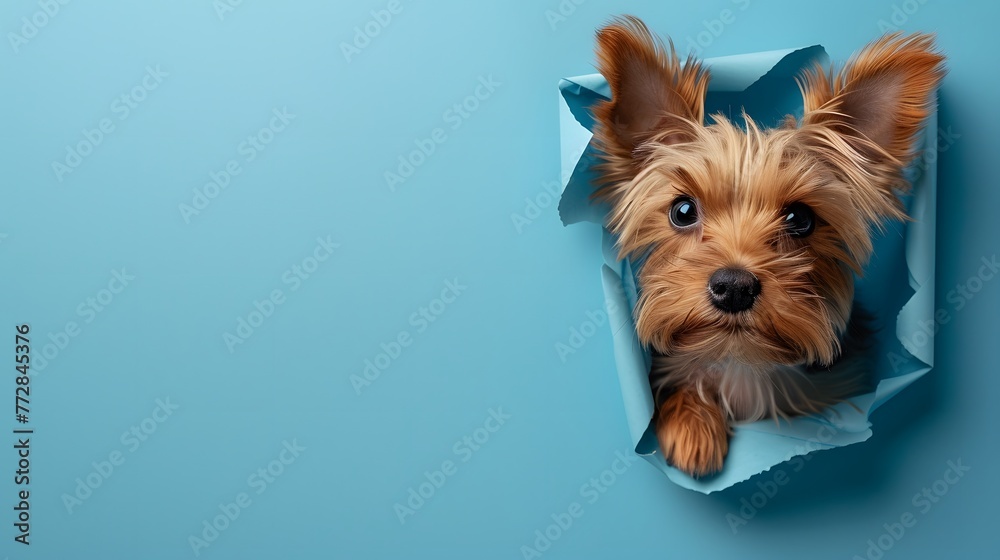 Cute Yorkshire peeking through a hole in a paper wall with copy space, banner design