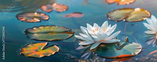 White water lilies on a serene pond at sunset