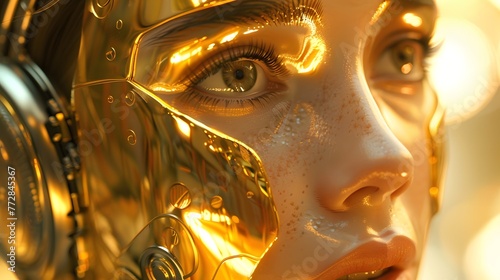 Close-up image of a futuristic female android with a golden face showing intricate details and a thoughtful expression. © Chomphu