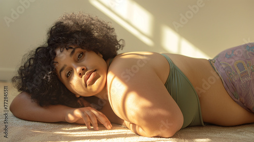 Retrato de mujer joven gordita tumbada en el suelo photo