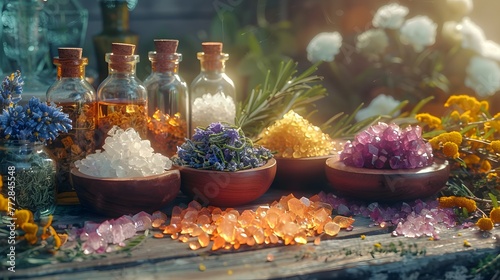 Artisanal glass bottles with essential oils next to vibrant, colored healing crystals and a variety of fresh herbs on a rustic wooden table.