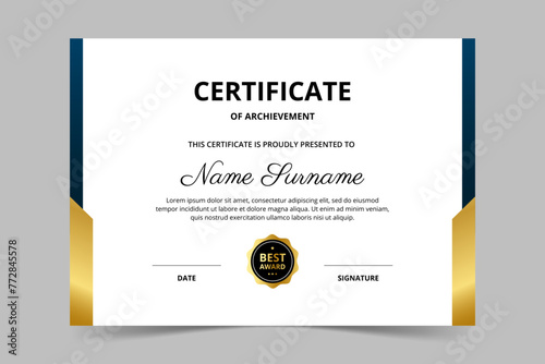 Modern elegant blue and gold certificate template. Appreciation for business and education. Vector illustration