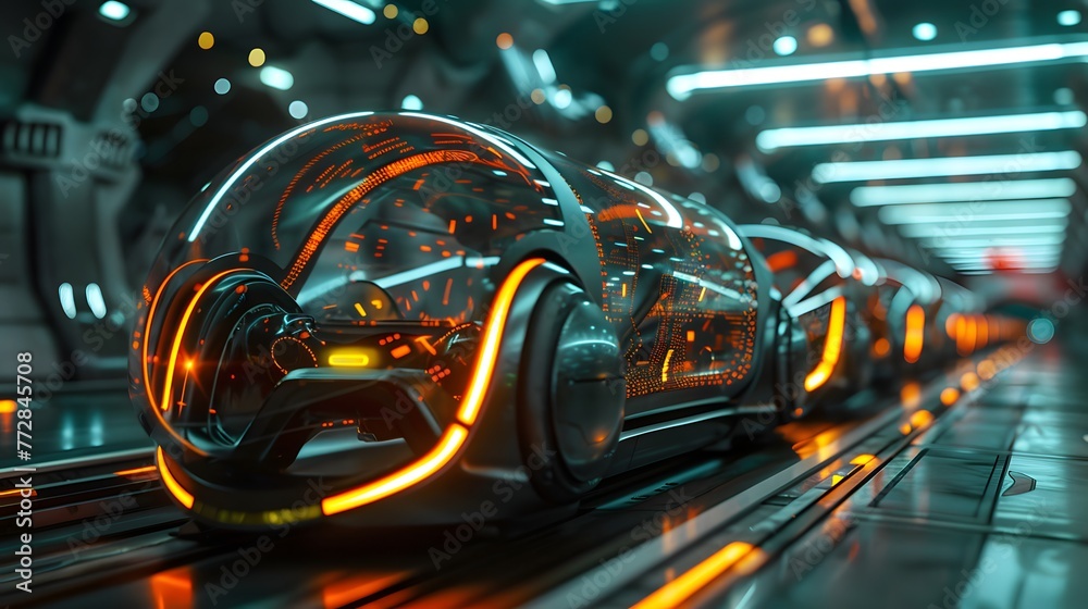 A sleek, futuristic autonomous vehicle glows with neon circuitry as it speeds along an illuminated, high-tech track. A sleek, futuristic autonomous vehicle glows with neon circuitry as it speeds along an illuminated, high-tech track.