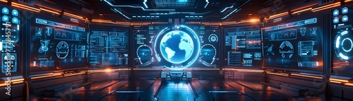 An advanced futuristic command center filled with holographic displays and interfaces, showcasing global data and analytics in neon blue. photo