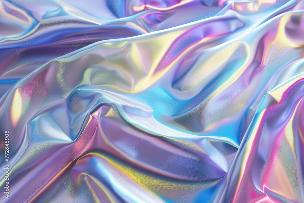 A holographic sheet, resembling a colorful, metallic cloth, ripples gently in a nonexistent breeze. The folds and curves catch the light A holographic sheet, resembling a colorful, metallic cloth, ripples gently in a nonexistent breeze. The folds and curves catch the light