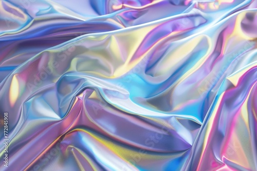 A holographic sheet, resembling a colorful, metallic cloth, ripples gently in a nonexistent breeze. The folds and curves catch the light