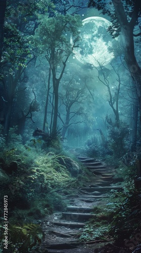 Mystical forest path under a full moon at night