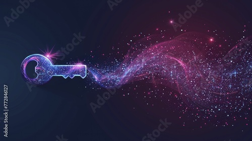 Minimalistic illustration of a key opening a lock with data streams flowing out, on a data access background, concept for unlocking the potential of data analytics.