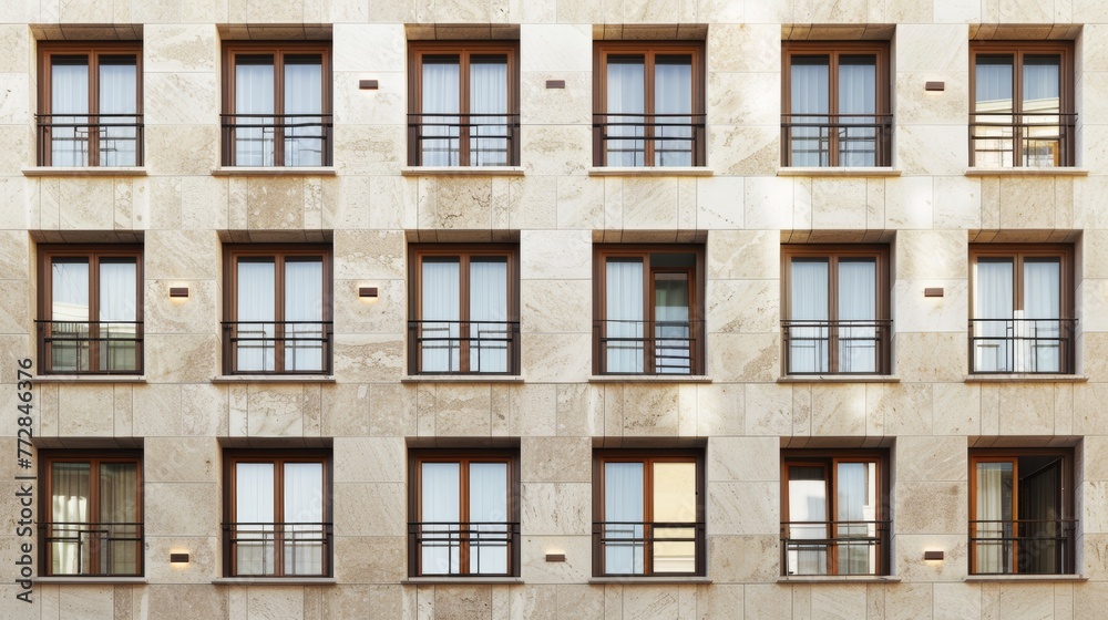 Facade of a modern apartment building with multiple windows