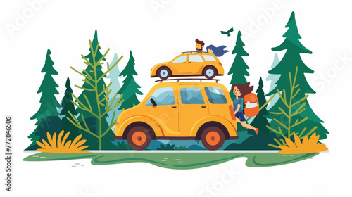 Family road trip on a yellow car. Card with your text