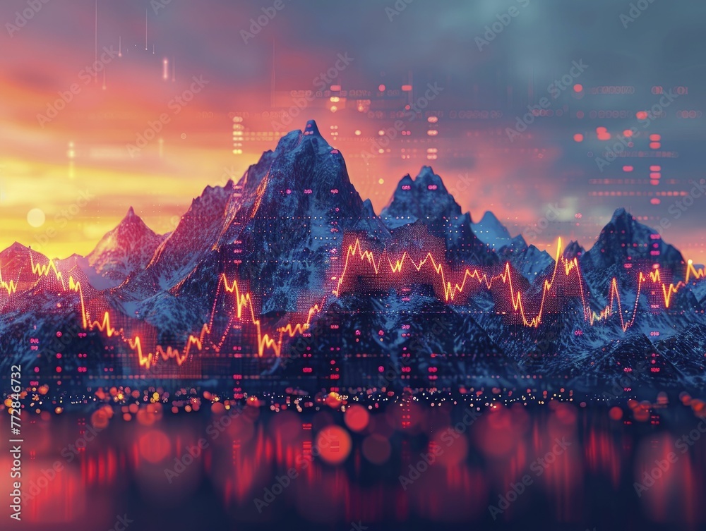Explore the symbolic mountain range peaks resembling histograms on a business analysis background, illustrating data-driven market trend navigation. - obrazy, fototapety, plakaty 