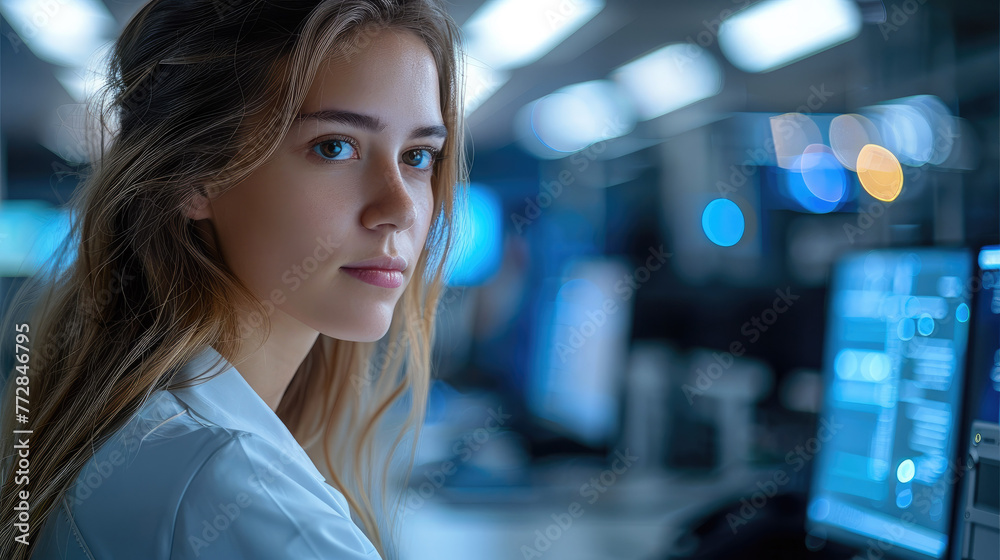 Beautiful woman working in a high-tech computer lab. Generative AI. Beautiful woman working in a high-tech computer lab. Generative AI.