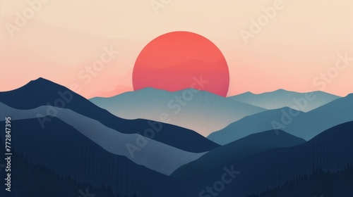 Minimalist mountain landscape with red sun