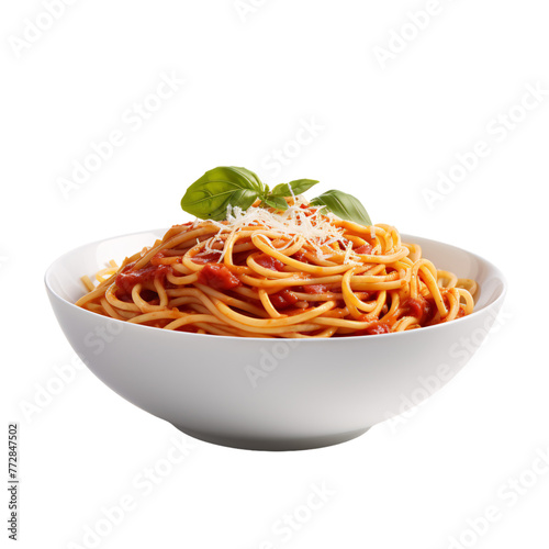 Spaghetti with tomato sauce and mozarella cheese on top, front view of a spaghetti on a white bowl 