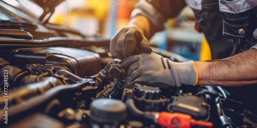 Auto mechanic repairing car. Selective focus.