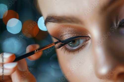 A close-up of a woman drawing eyeliner, eye makeup - Generative AI