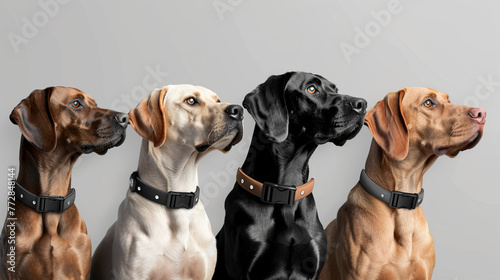 A studio image capturing four different breed dogs, sitting in a row with modern collars, looking to the side with an alert expression