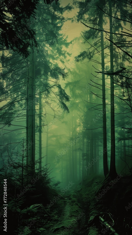 Mystical forest path shrouded in fog