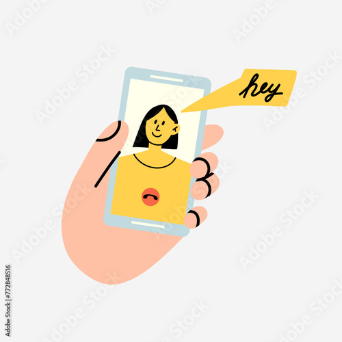 Smartphone communication. Hand hold phone. Chatting, video messages with family and friends. Device screen with people faces, facetime application, gadget cartoon flat isolated vector illustration