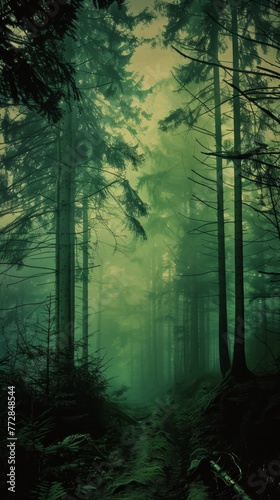 Mystical forest path shrouded in fog