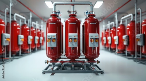 Gaseous fire suppression cylinder system white background. Generative AI.