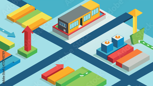 An overhead view of a factory floor with colorful arrows highlighting the close proximity of raw material suppliers and the manufacturing