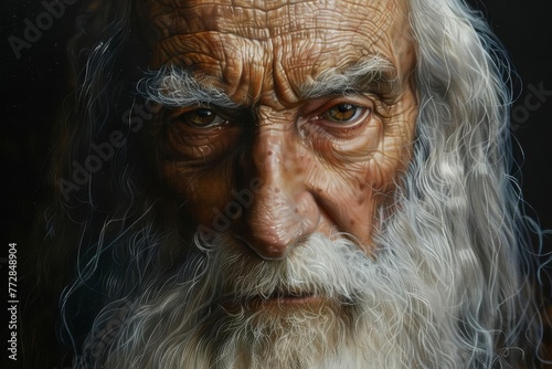 Dramatic oil painting portrait of an old wise man with wrinkles and white beard, realistic character illustration fine art
