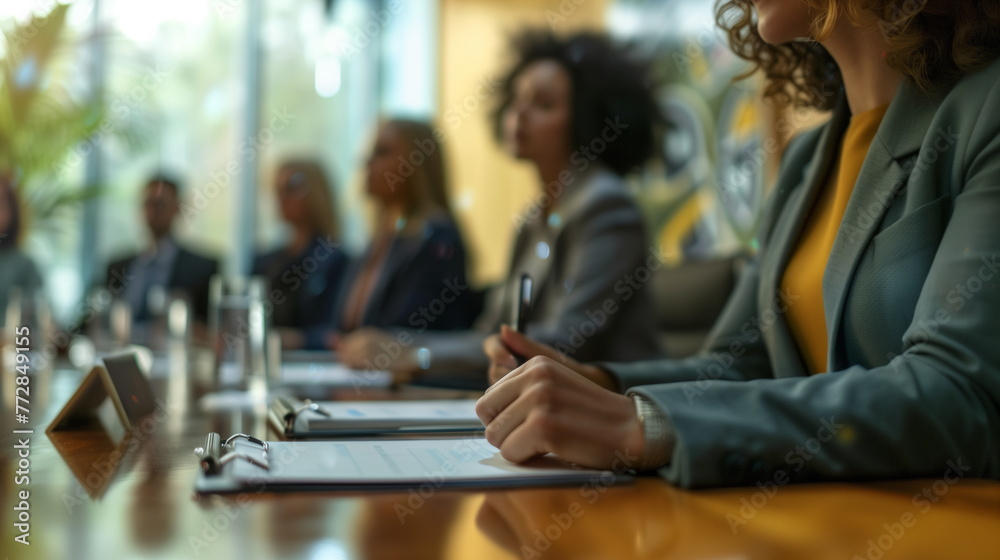 Photo focused on documents and hands on a conference table with several business people sitting around. Business concept. Close-up. Generative AI Photo focused on documents and hands on a conference table with several business people sitting around. Business concept. Close-up. Generative AI