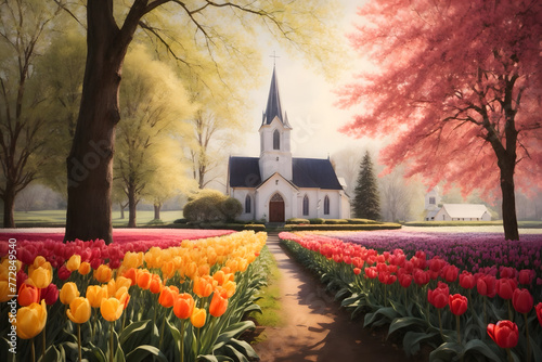 Tulips blooming with a church background photo