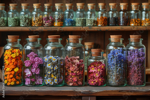 A collection of vintage apothecary jars filled with dried herbs and botanicals, evoking a sense of timeless herbal remedies and traditional pharmacy practices