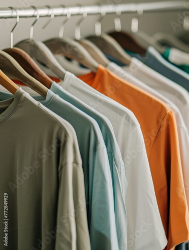 T-shirts hanging on hangers, white background, clothes - Generative AI