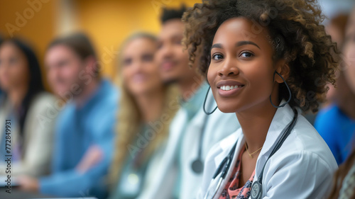 Smiling woman with stethoscope in front of a group of people, Honor for Doctors. Generated AI  © heinng