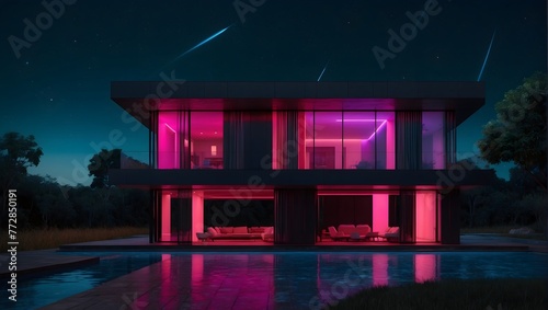 An ultramodern house featuring a kaleidoscope of neon lights against a sleek, dark background Generative AI