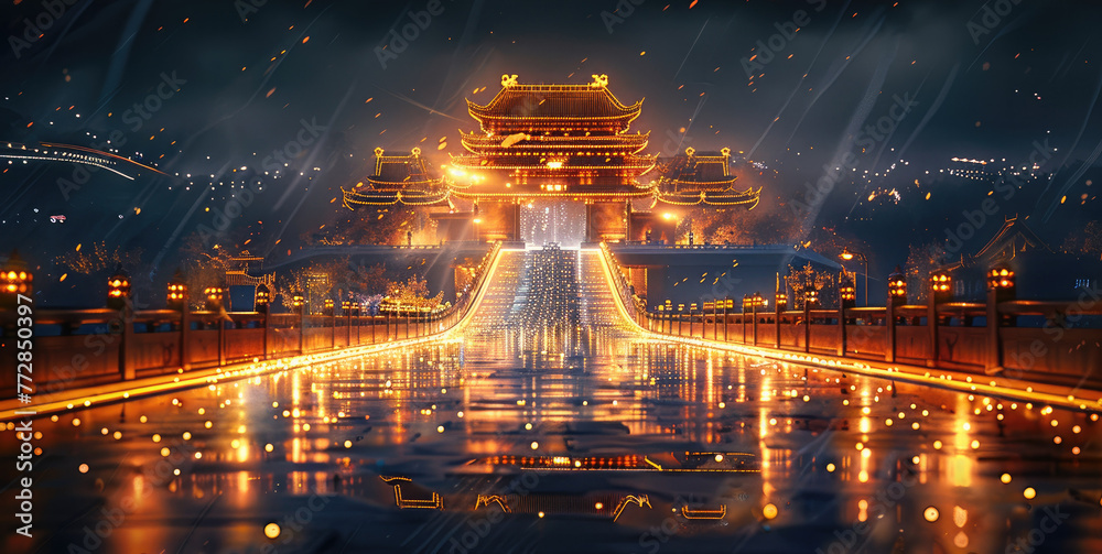 At night the long road is covered in gold, forming many path to the distance, with a Chinese-style city gate is wrapped in the distance. Generative AI. - obrazy, fototapety, plakaty 
