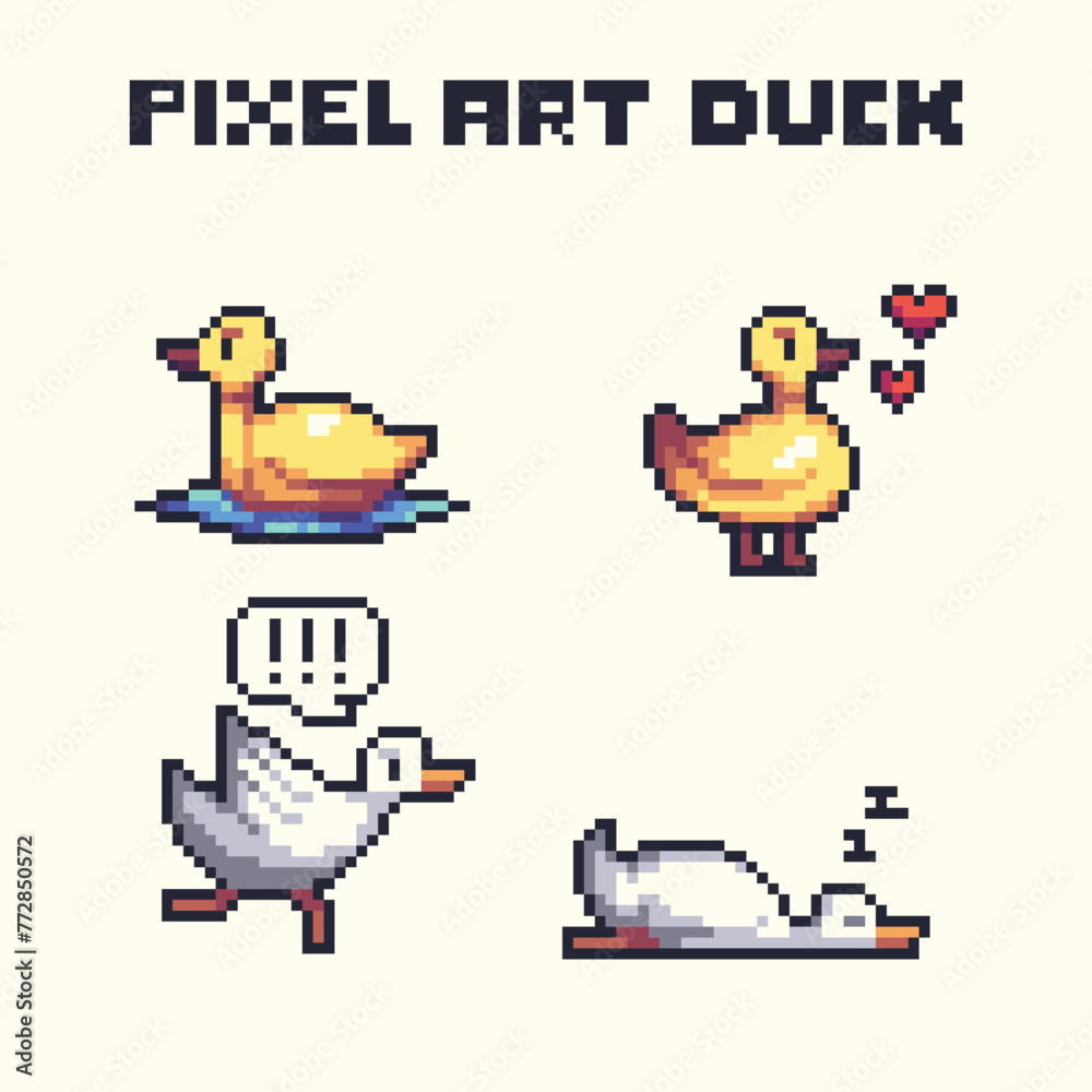 this is Duck in pixel art with colorful color and white background ,this item good for presentations,stickers, icons, t shirt design,game asset,logo and your project.