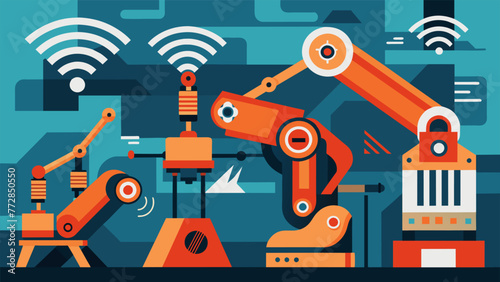 Detailed closeup of advanced industrial robots showcasing how 5G has revolutionized the way machines interact and communicate with each other