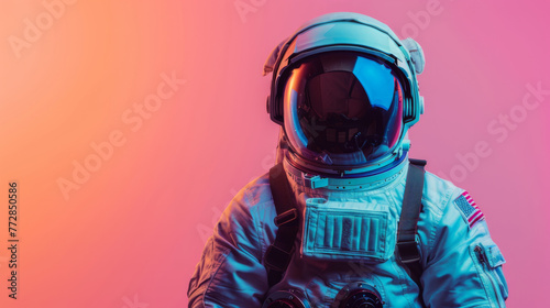 astronaut in a spacesuit on a pink background, light orange and blue