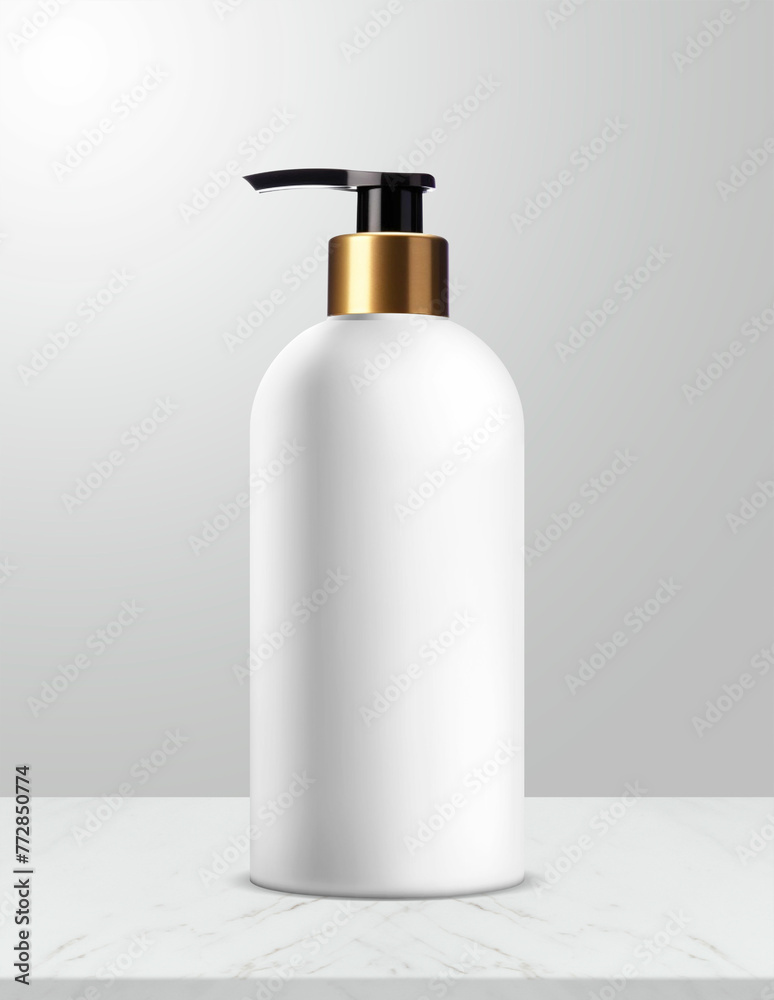 Lotion bottle mock-up with gold and black pump, pump bottle 3D illustration. Lotion bottle mock-up with gold and black pump, pump bottle 3D illustration.