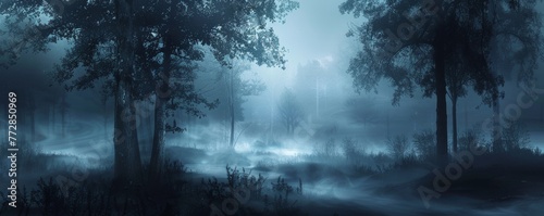 Mysterious foggy forest at twilight