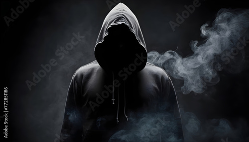 Man in Hood Dark figure on smoke background © Xabi