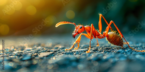 A red ant on a rock with a blurred background, Insect macro photography   © Aoun