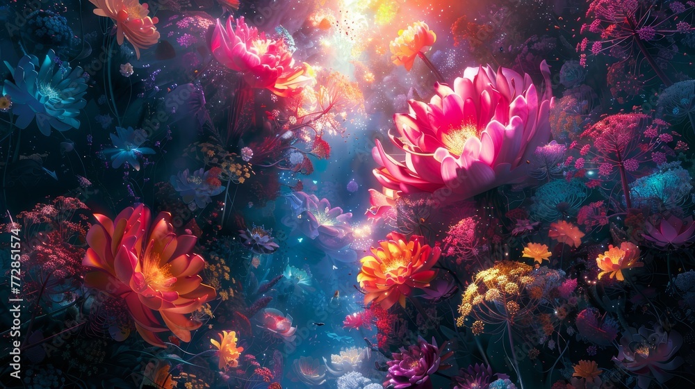 A colorful painting of flowers with a bright pink flower in the center. The painting has a dreamy, whimsical feel to it