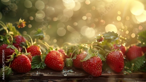 A bunch of red strawberries on a wooden table. The strawberries are fresh and juicy, and they are arranged in a way that makes them look like they are ready to be eaten. The scene has a bright