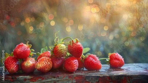 A bunch of red strawberries are sitting on a wooden table. The strawberries are shiny and wet, and they are arranged in a neat pile. Concept of freshness and abundance, as the strawberries are ripe