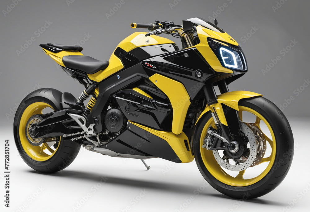 Futuristic yellow and black sports motorcycle on isolated clear background colorful background