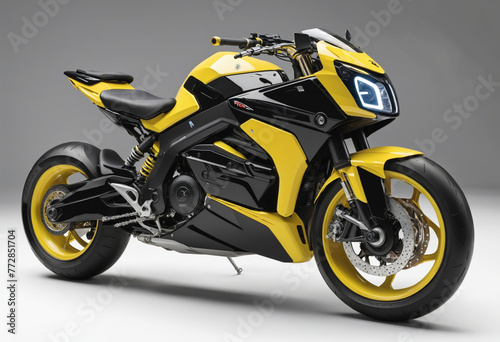 Futuristic yellow and black sports motorcycle on isolated clear background colorful background