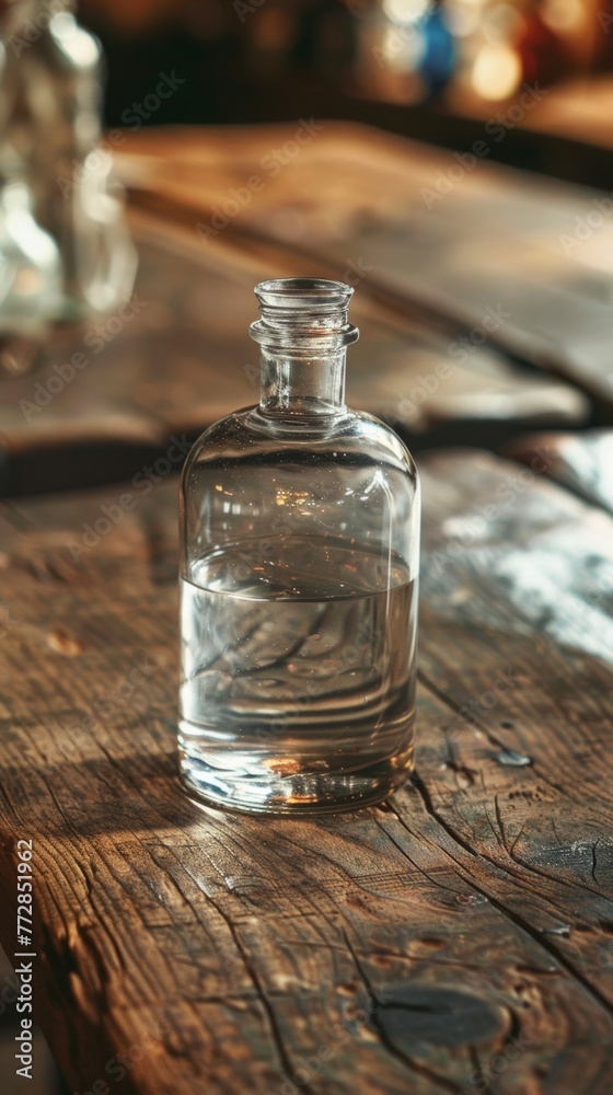 Transparent glass bottle with clear liquid on a wooden surface Transparent glass bottle with clear liquid on a wooden surface